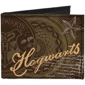 ✨Men's Brown Bifold Wallet Hufflepuff Crest Stripe4 Weathered Wallets
